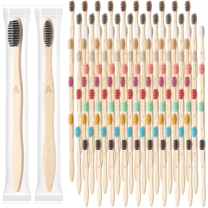 120 Pcs Bamboo Toothbrushes Bulk Soft Bristle Toothbrush Wooden Disposable Travel Toothbrush Bamboo Charcoal Individually Wrapped Toothbrush for Kid Adult Home Travel Use, 7.5 Inch, 12 Colors (Letter)