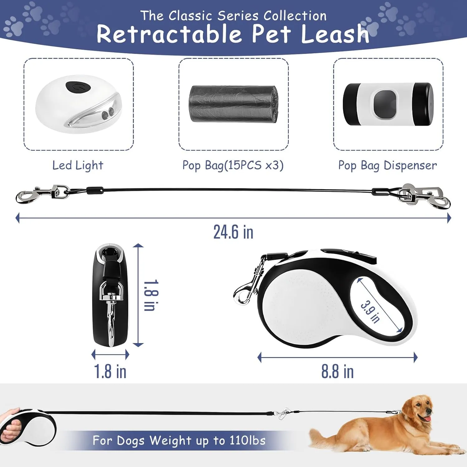 26Ft Retractable Dog Leash - for Dog Up to 110lbs, Tangle Free Walking Leash with Chew Proof Cable | LED Light | Dispenser | Poop Bags, Quick Lock Braking & Non-Slip Handle (White)