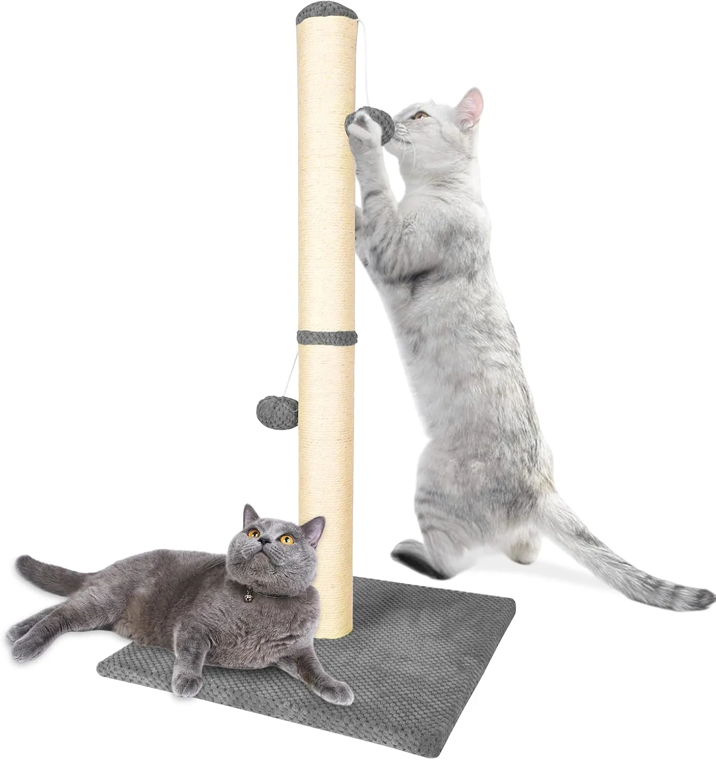33.3 Inch Tall Cat Scratching Post for Indoor Cats Premium Sisal Cat Scratcher Post with Hanging Balls Ideal for Adult Cats and Kittens,Protect Your Furniture(Grey)