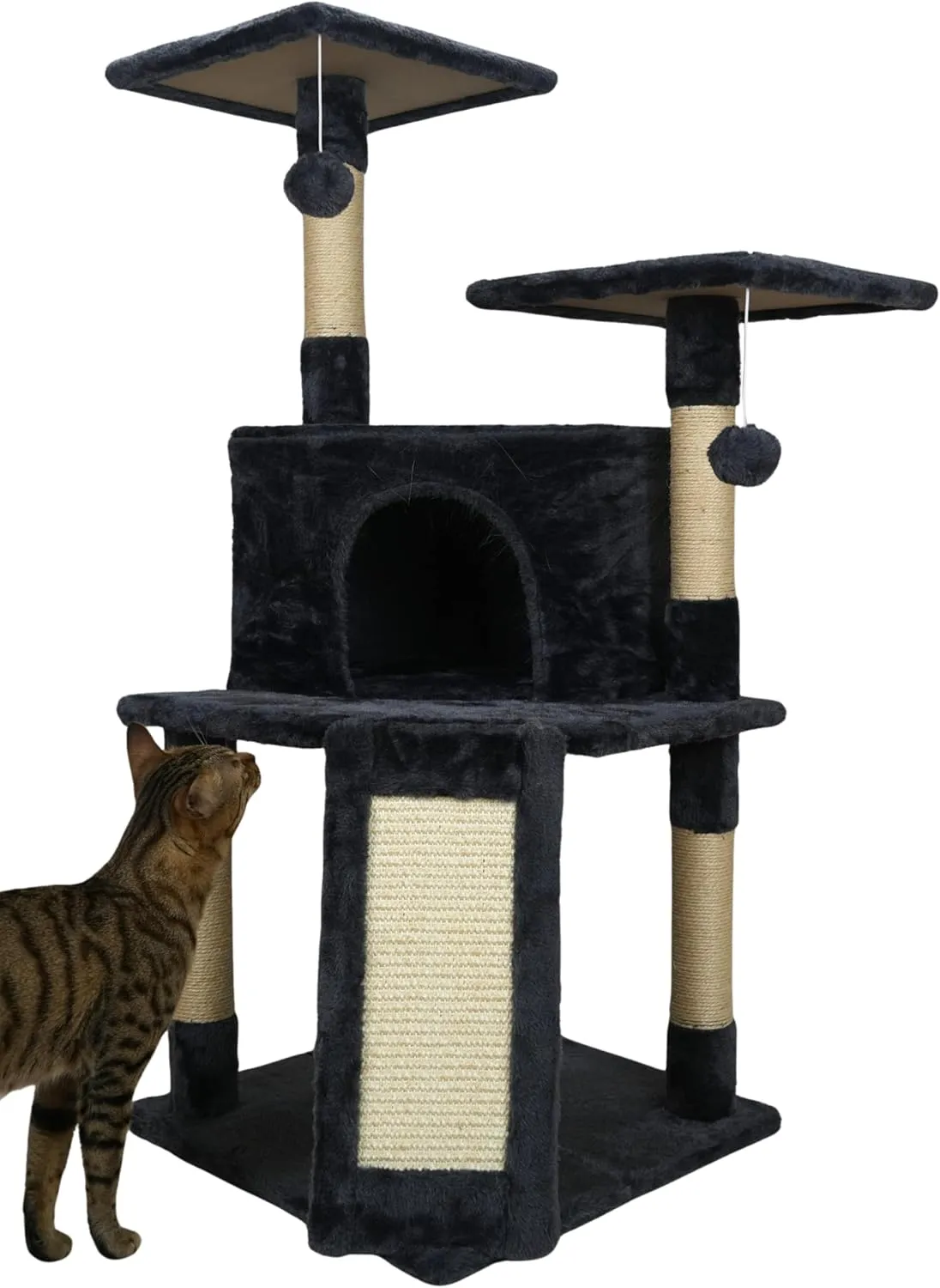 40-in Three-Layer Cat Tree Tower with Cozy Cat Condo, Sisal Scratching Posts, Sisal Scratching Board, and Dangling Toys - Perfect Plush Multi-Level Cat Tower for Indoor Cats - Dark Denim