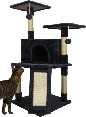 40-in Three-Layer Cat Tree Tower with Cozy Cat Condo, Sisal Scratching Posts, Sisal Scratching Board, and Dangling Toys - Perfect Plush Multi-Level Cat Tower for Indoor Cats - Dark Denim