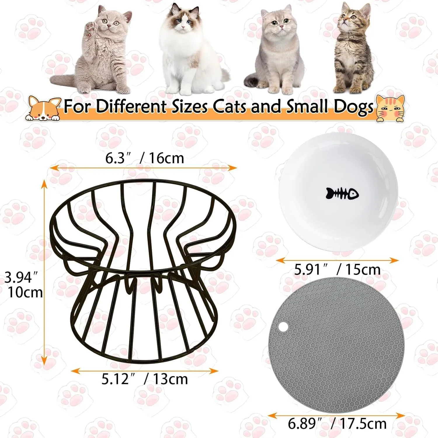 4PCS Raised Cat Bowl, Ceramic Cat Dish with Metal Stand, Wahisker Fatigue Elevated Pet Water and Food Feeding Station for Indoor Cats, Puppies and Small Dogs, Dishwasher Safe