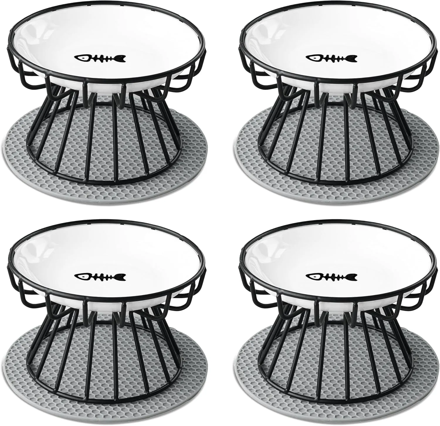 4PCS Raised Cat Bowl, Ceramic Cat Dish with Metal Stand, Wahisker Fatigue Elevated Pet Water and Food Feeding Station for Indoor Cats, Puppies and Small Dogs, Dishwasher Safe