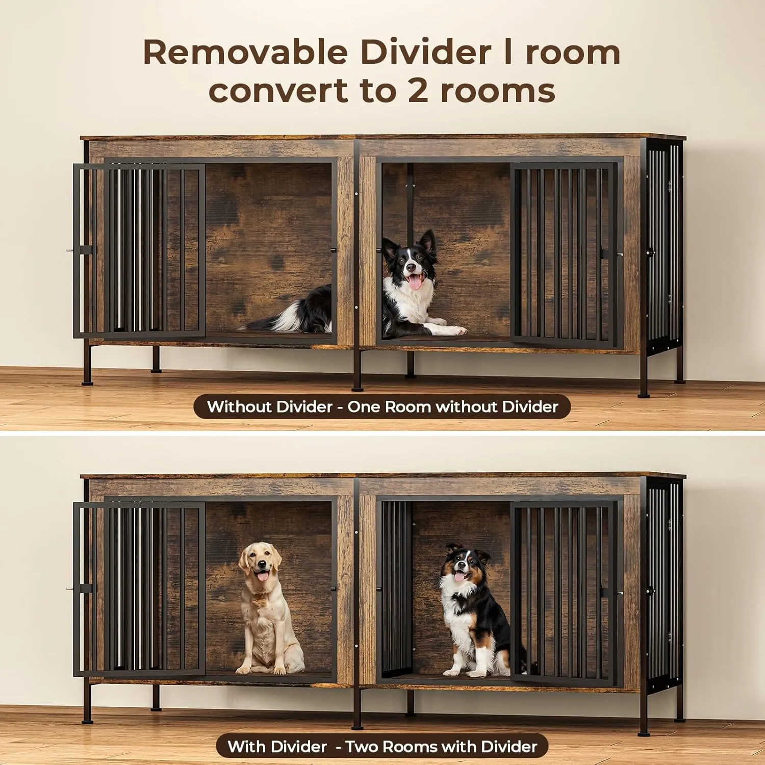 78 Inch Dog Crate Furniture for 2 Dogs,Extra Large Double Dog Kennel Furniture with Removable Divider, XXL Thick Wooden Dog Cage TV Stand