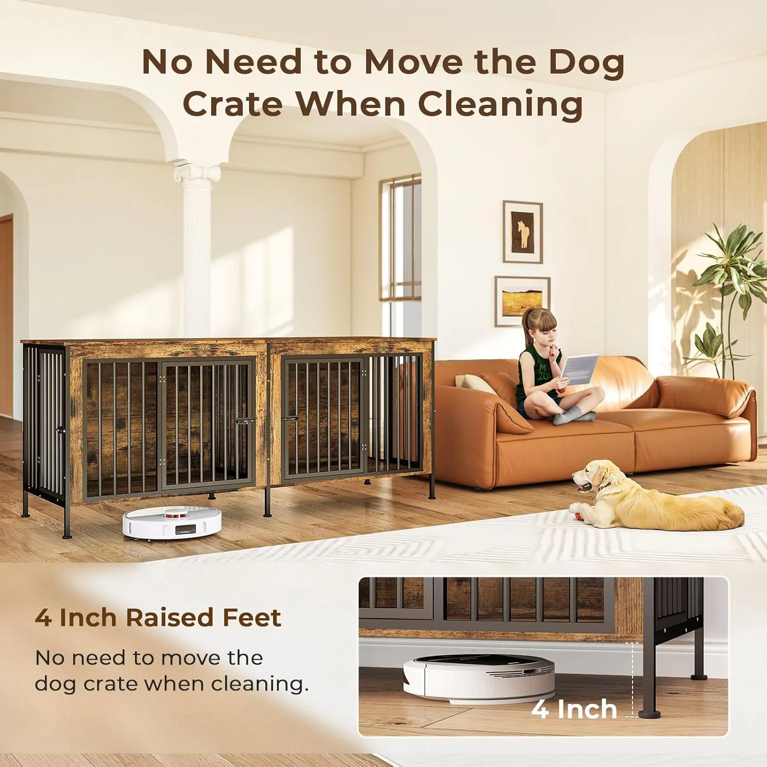 78 Inch Dog Crate Furniture for 2 Dogs,Extra Large Double Dog Kennel Furniture with Removable Divider, XXL Thick Wooden Dog Cage TV Stand