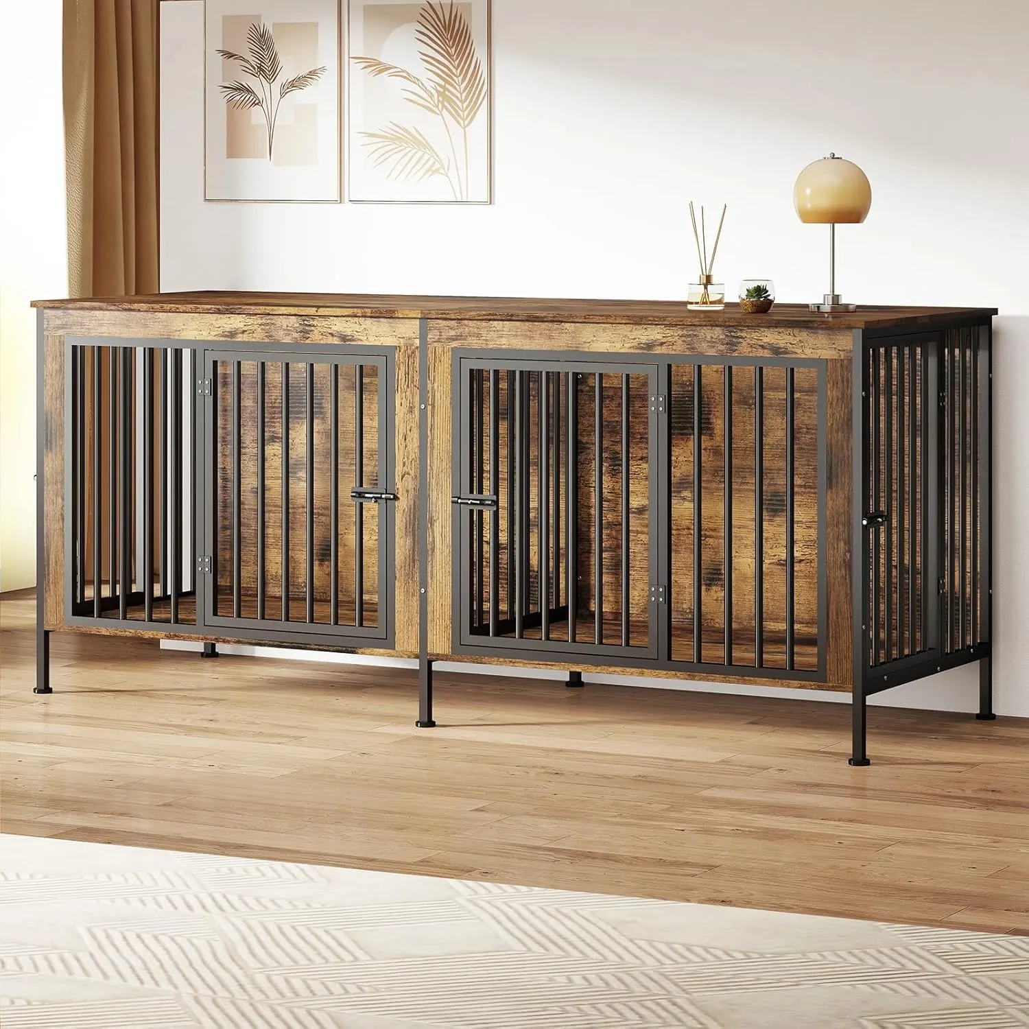 78 Inch Dog Crate Furniture for 2 Dogs,Extra Large Double Dog Kennel Furniture with Removable Divider, XXL Thick Wooden Dog Cage TV Stand