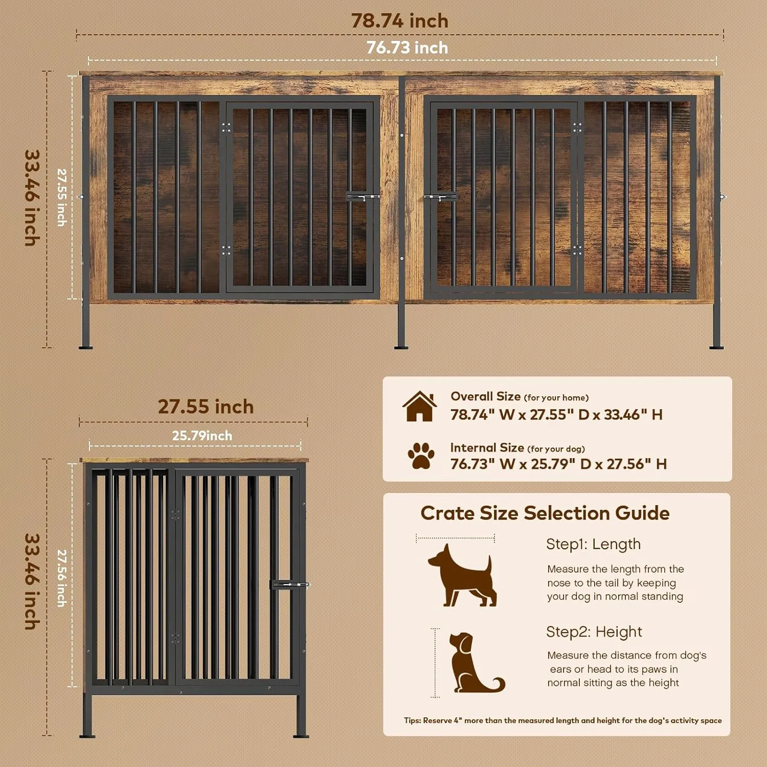 78 Inch Dog Crate Furniture for 2 Dogs,Extra Large Double Dog Kennel Furniture with Removable Divider, XXL Thick Wooden Dog Cage TV Stand
