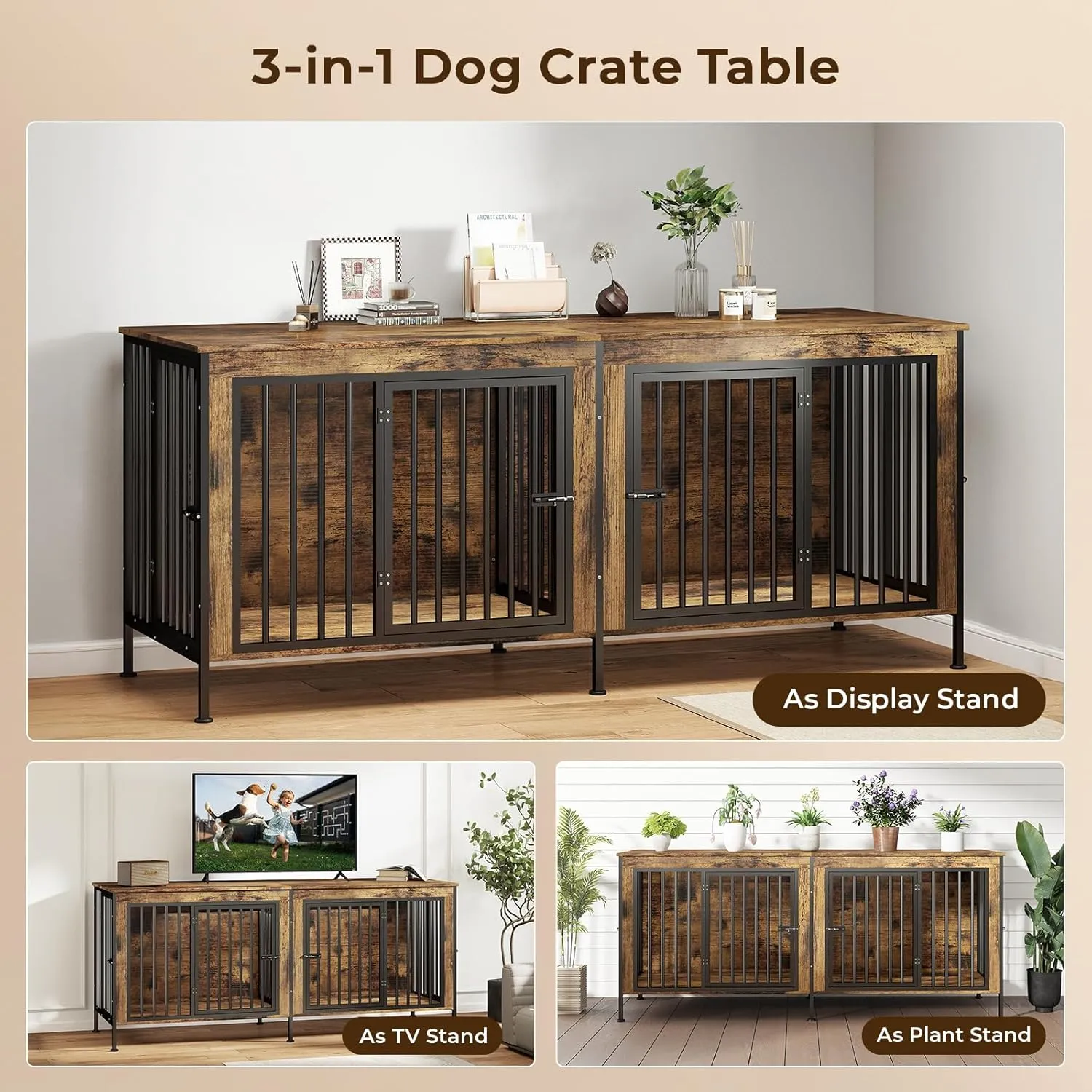 78 Inch Dog Crate Furniture for 2 Dogs,Extra Large Double Dog Kennel Furniture with Removable Divider, XXL Thick Wooden Dog Cage TV Stand