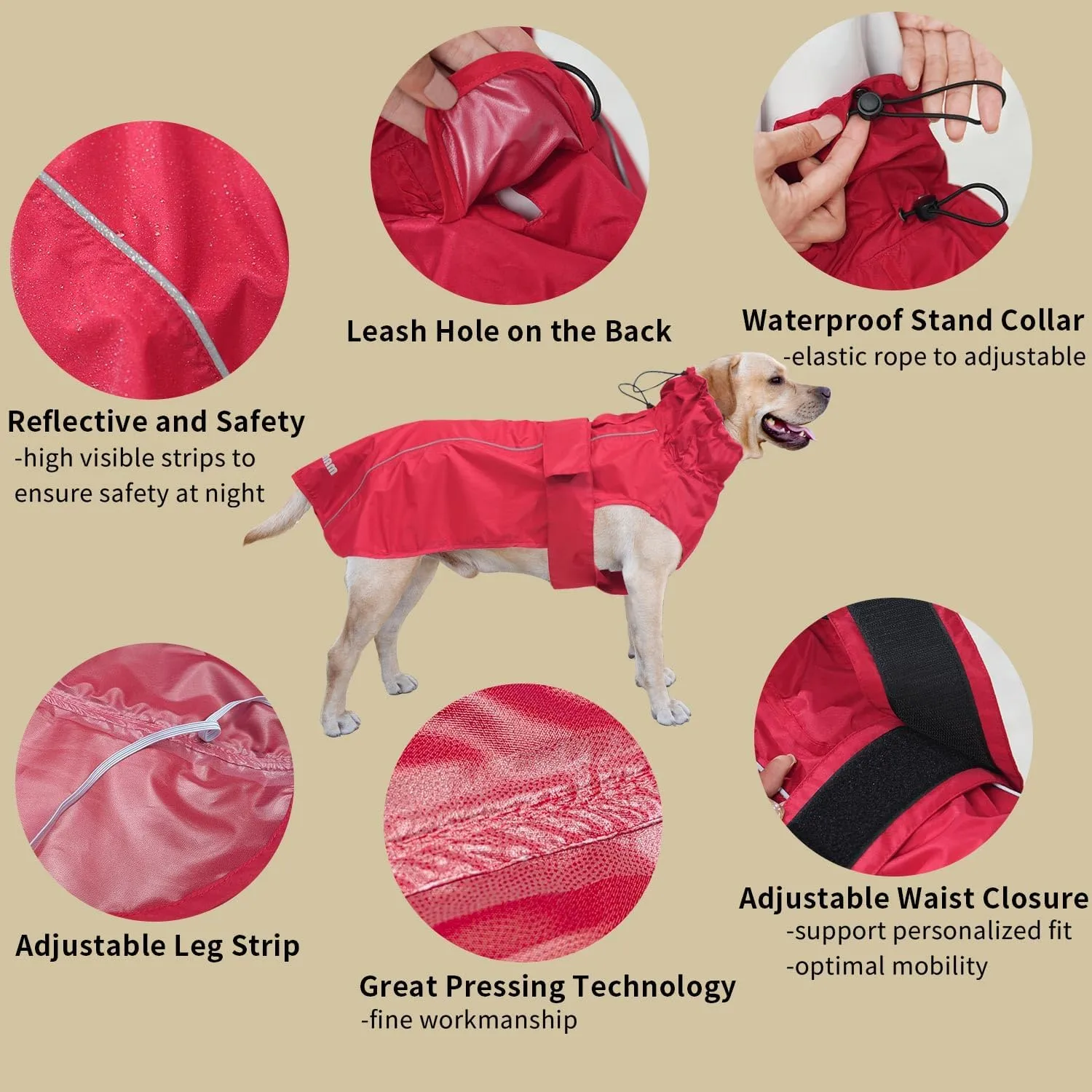 Adjustable Waterproof Dog Raincoat for Dogs,Lightweight Pet Rain Jacket Puppy Clothes with Reflective Strip for Small Medium Large Dogs (Red, Large)