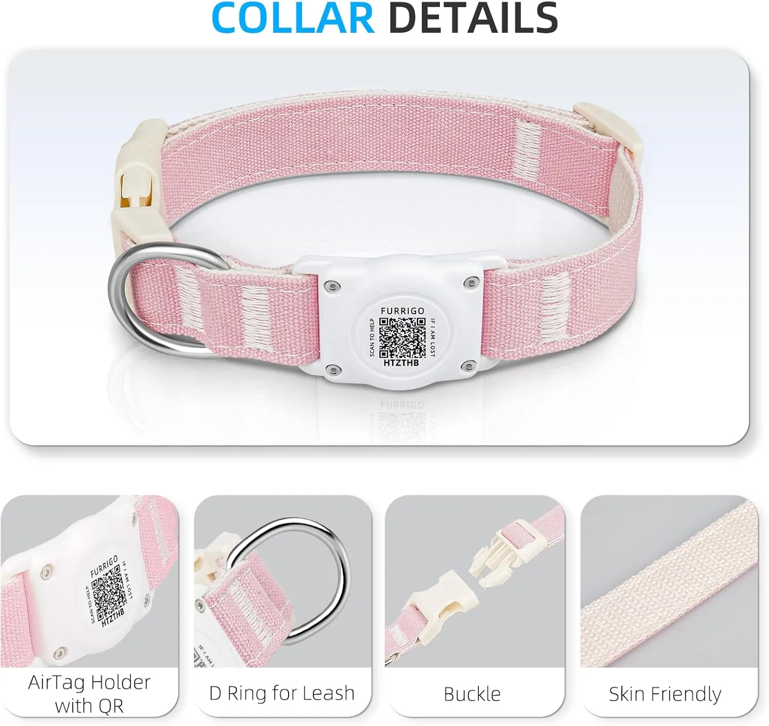 Airtag Dog Collar QR Code - IP68 Waterproof Integrated Air Tag Dog Collar Holder ID Tag - Free Pet Online Profile - Durable Natural Cotton Hemp - Fits for Small Medium Large Dogs (Pink, S)
