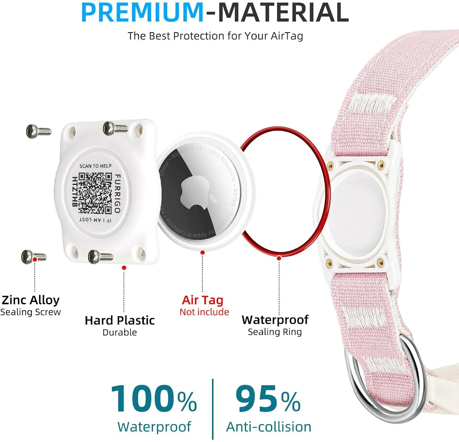Airtag Dog Collar QR Code - IP68 Waterproof Integrated Air Tag Dog Collar Holder ID Tag - Free Pet Online Profile - Durable Natural Cotton Hemp - Fits for Small Medium Large Dogs (Pink, S)