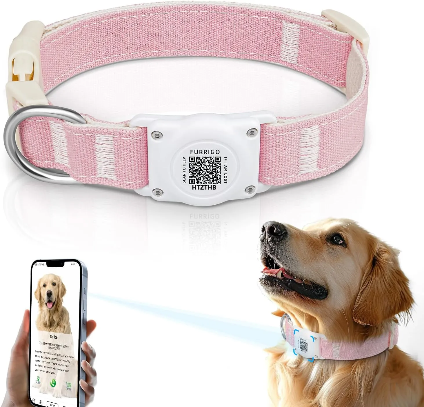 Airtag Dog Collar QR Code - IP68 Waterproof Integrated Air Tag Dog Collar Holder ID Tag - Free Pet Online Profile - Durable Natural Cotton Hemp - Fits for Small Medium Large Dogs (Pink, S)