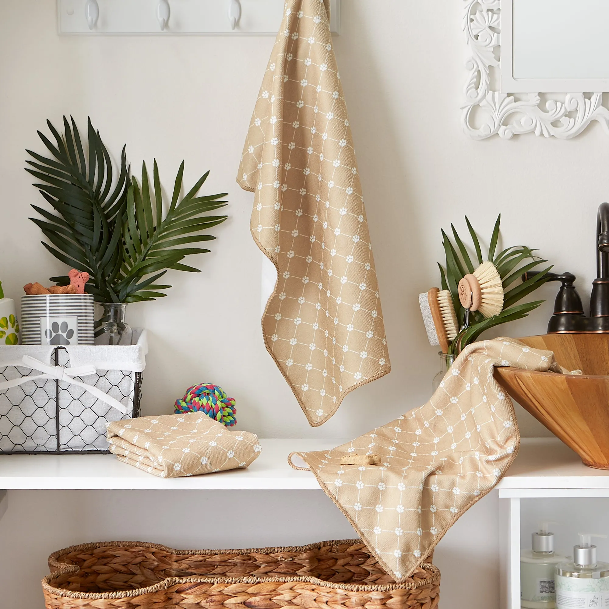 Bone Dry Small Microfiber Pet Towel - 3 Pack - Printed Trellis, Taupe, 15x30"