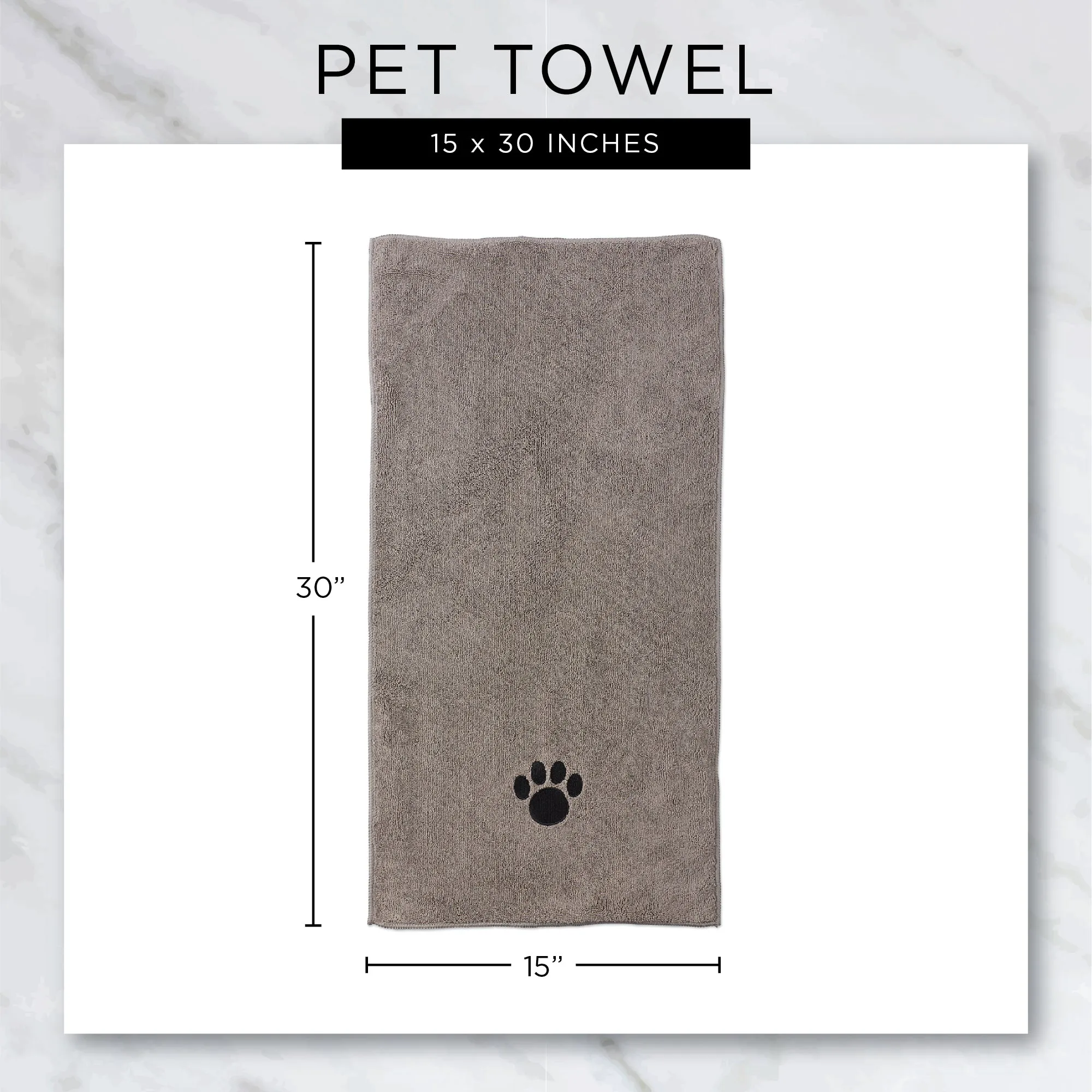 Bone Dry Small Pet Towel Set - 3 Pack - Embroidered Paw, Gray, 15x30"