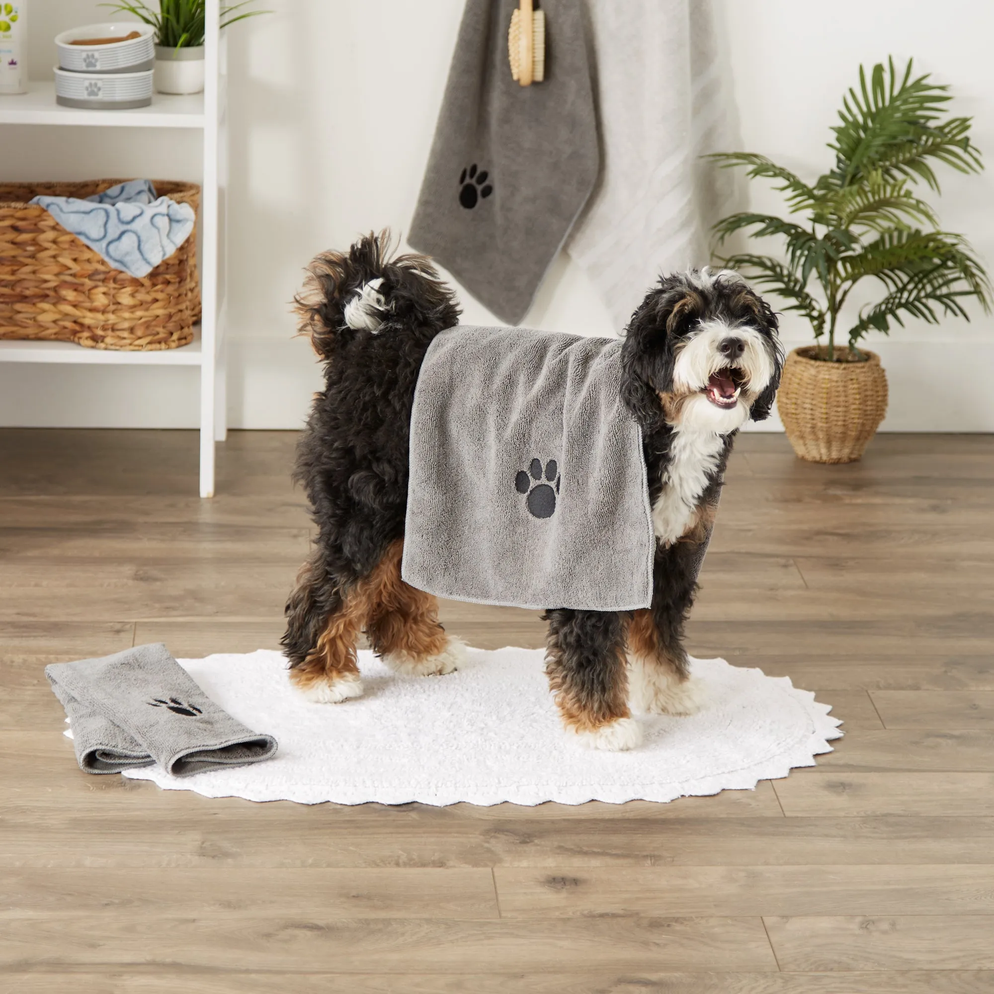 Bone Dry Small Pet Towel Set - 3 Pack - Embroidered Paw, Gray, 15x30"