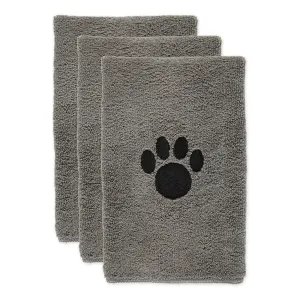 Bone Dry Small Pet Towel Set - 3 Pack - Embroidered Paw, Gray, 15x30"