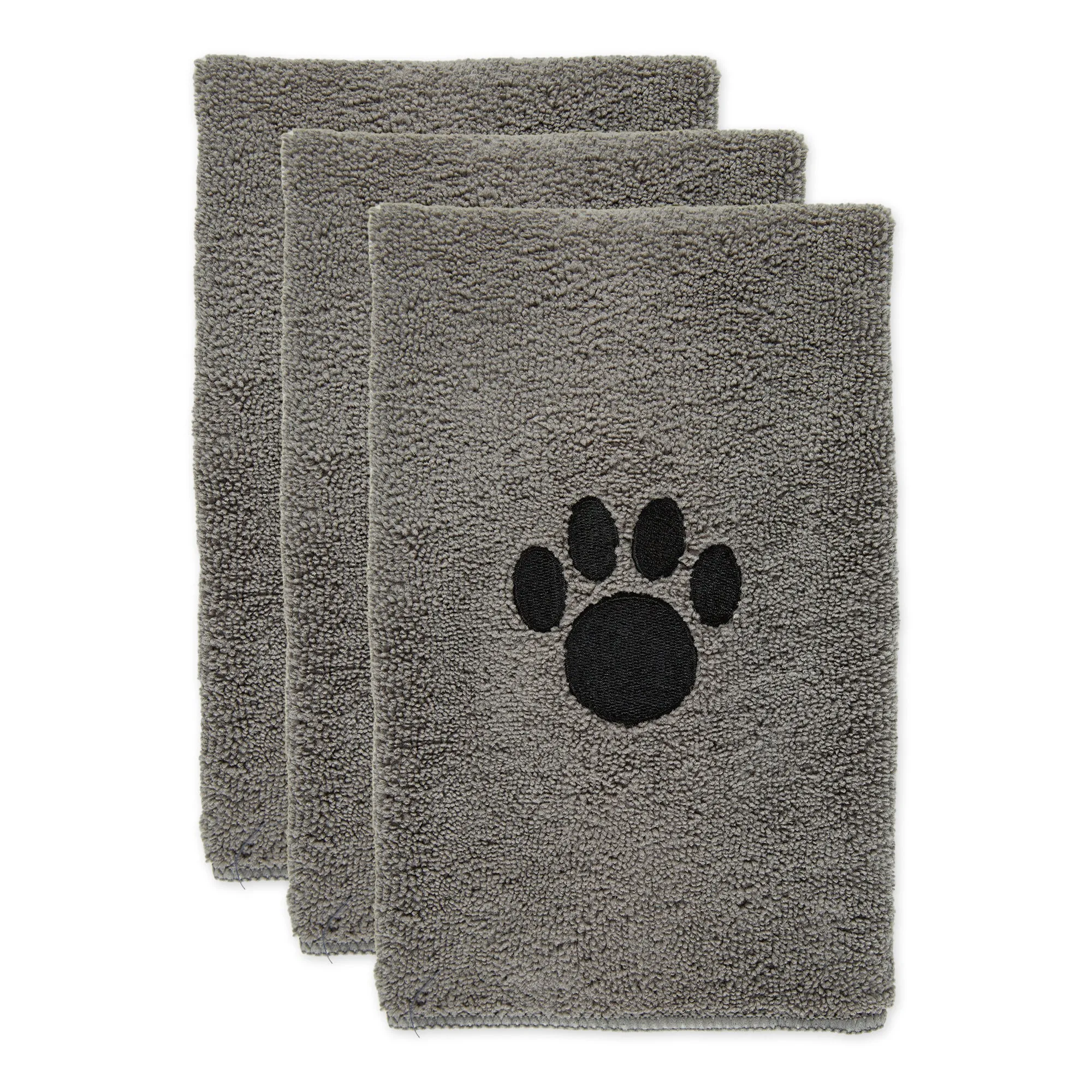 Bone Dry Small Pet Towel Set - 3 Pack - Embroidered Paw, Gray, 15x30"