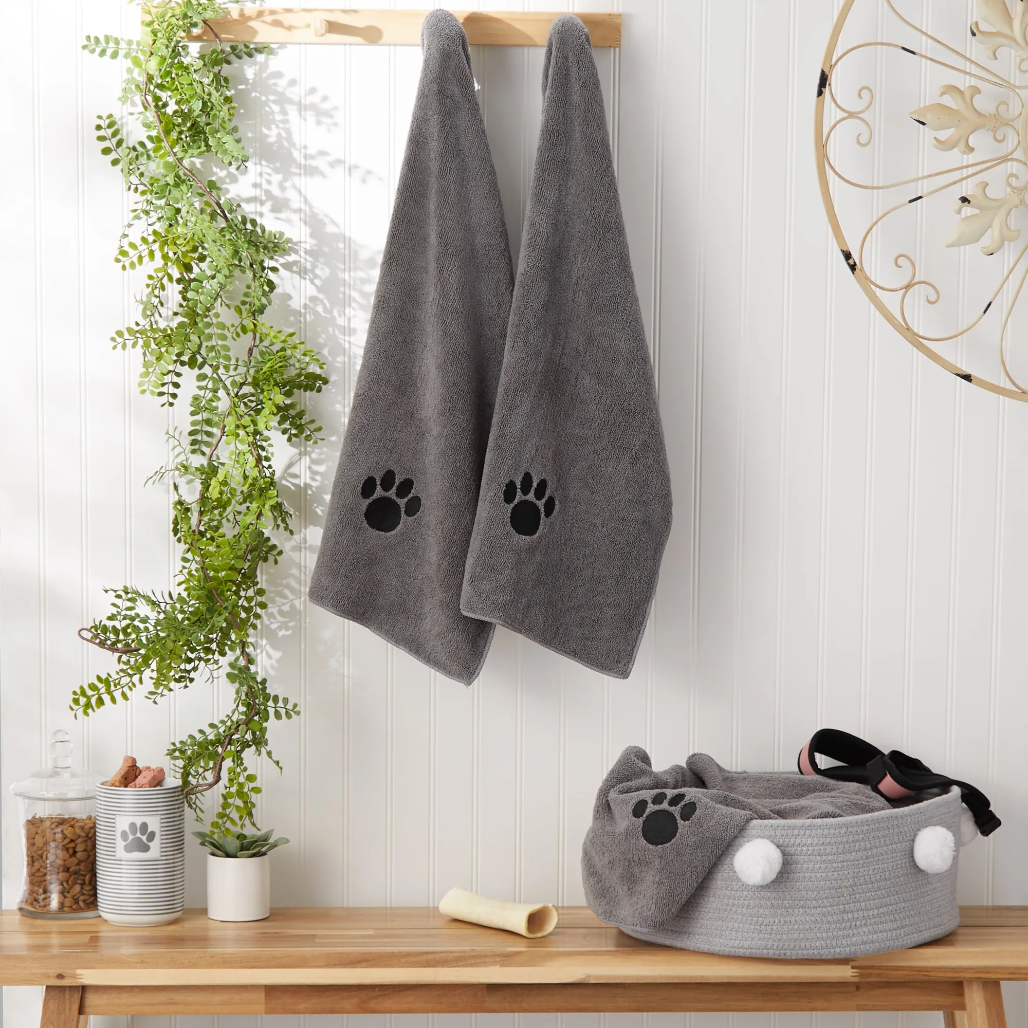 Bone Dry Small Pet Towel Set - 3 Pack - Embroidered Paw, Gray, 15x30"