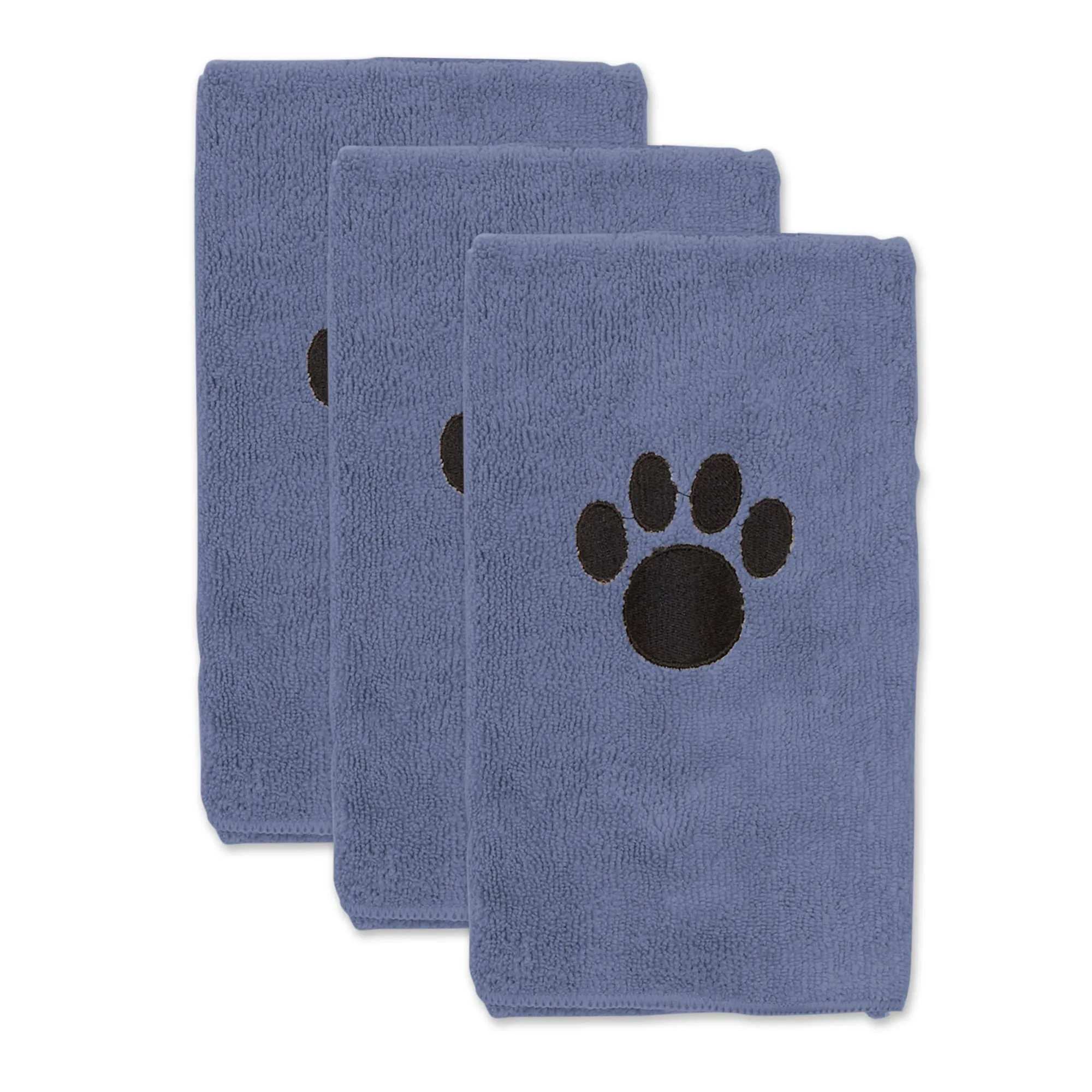 Bone Dry Small Pet Towel Set - 3 Pack - Embroidered Paw, Stonewash Blue, 15x30"