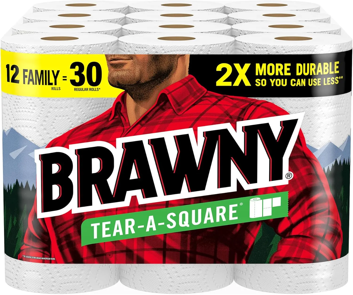 Brawny Tear-A-Square Paper Towels, 12 Family Rolls = 30 Regular Rolls, 3 Sheet Sizes (Quarter, Half, Full), Strength for All Messes, Cleanups, and Meal Prep