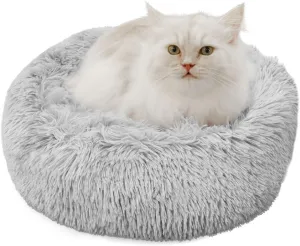 Cat Beds for Indoor Cats, Soft Plush Round Pet Bed for Small Cats or Small Dogs, 15 inches Washable, Waterproof Bottom Fluffy Calming Bed Sleep Improvement, Light Grey