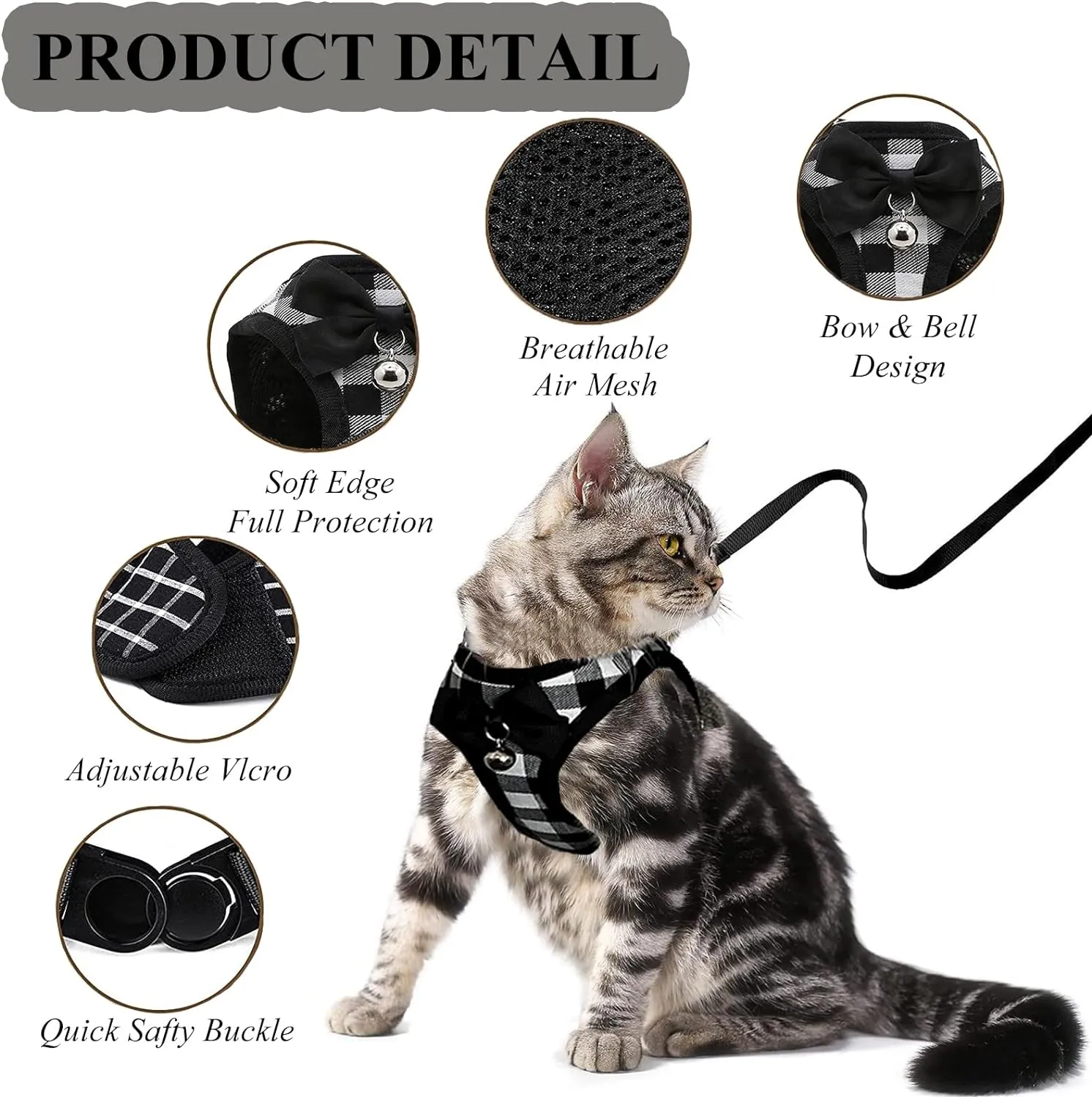 Cat Leashes and Harnesses for Walking,Breathable Soft Kittens Vest for Cats Dogs, Kitten Harness Escape Proof with Bell and Bow-Knot Decoration Christmas (XS, Black-White)