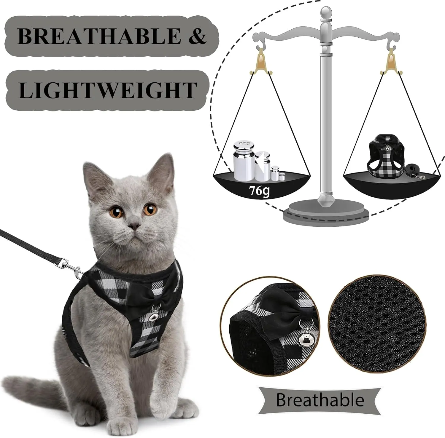 Cat Leashes and Harnesses for Walking,Breathable Soft Kittens Vest for Cats Dogs, Kitten Harness Escape Proof with Bell and Bow-Knot Decoration Christmas (XS, Black-White)