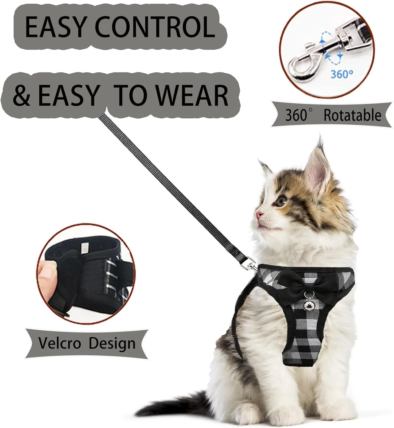 Cat Leashes and Harnesses for Walking,Breathable Soft Kittens Vest for Cats Dogs, Kitten Harness Escape Proof with Bell and Bow-Knot Decoration Christmas (XS, Black-White)