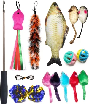 Cat Toys Set, Cat Retractable Teaser Wand, Catnip Fish, Interactive Cat Feather Toy, Mylar Crincle Balls, Two Cotton Mice, Four Fluffy Mouse