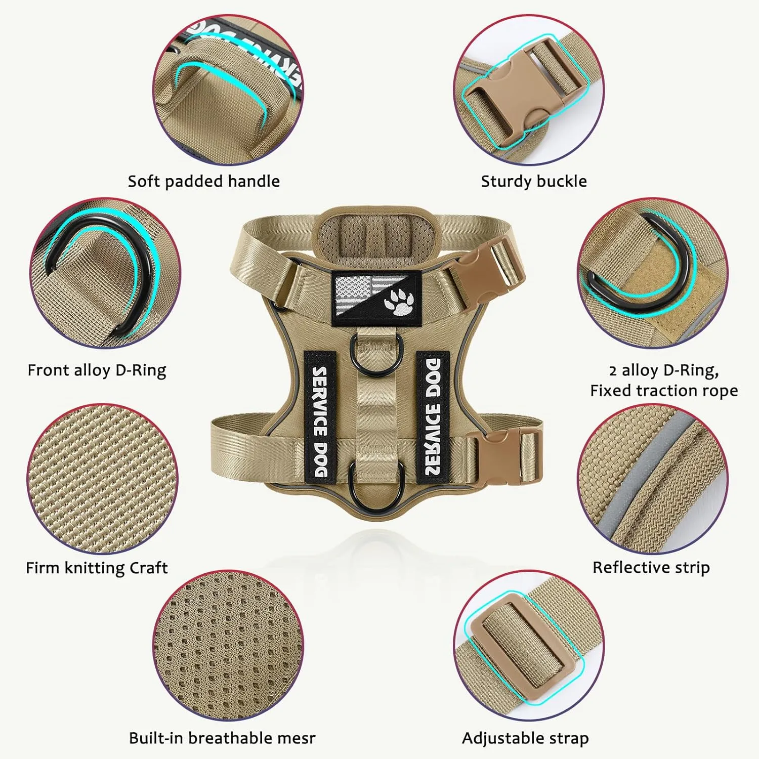 Demigreat Service Dog Harness, Reflective Dog Vest Harness with 5 PCS Patches, Adjustable Soft Oxford Pet Harness, Inner Layer Mesh, Easy to Control for Small Medium Large Dogs