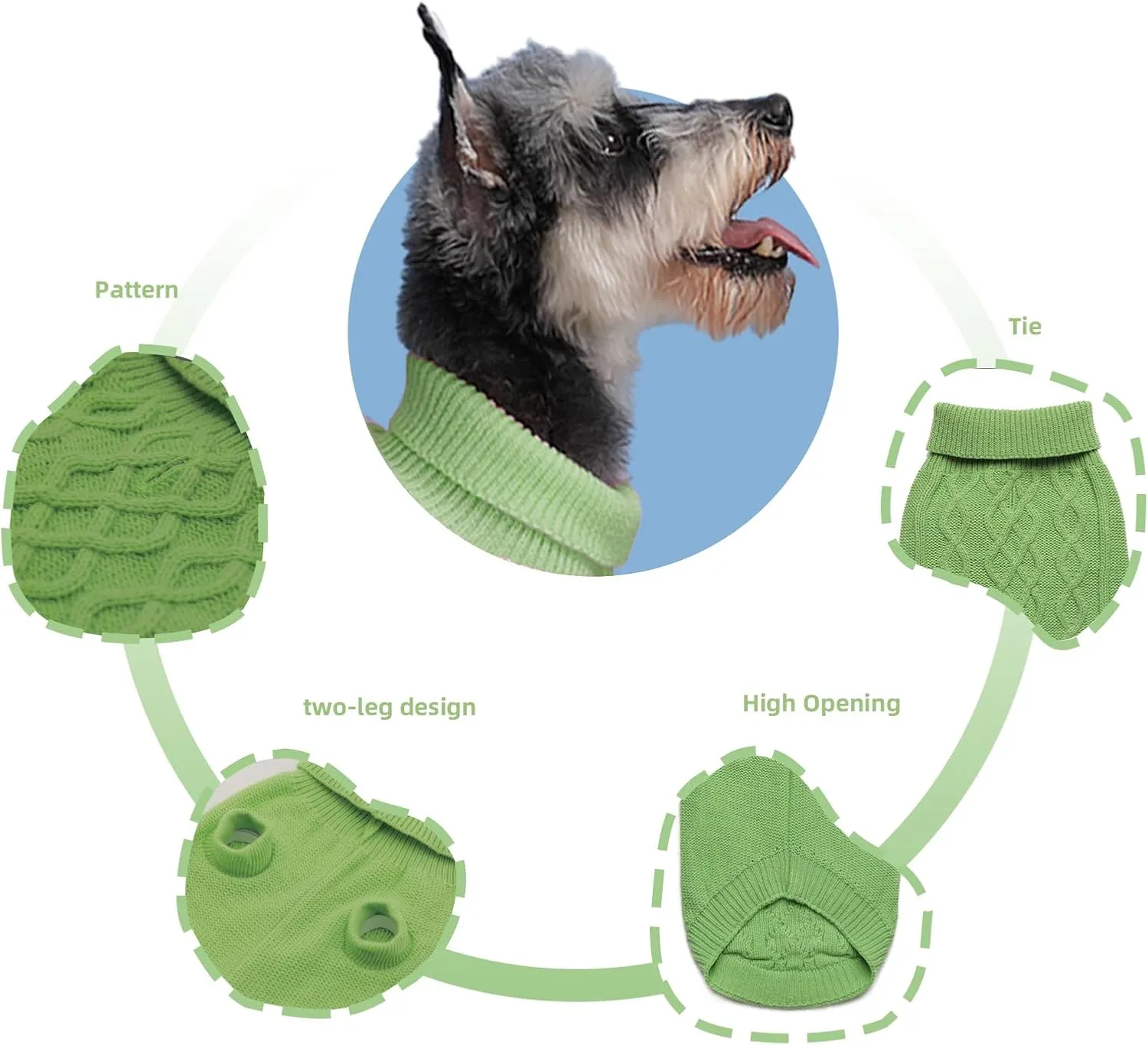 Dog Pullover Sweater, Cable Knitwear, Classic Turtleneck Warm and Soft Clothes for Chihuahua, Bulldog, Dachshund, Pug, Yorkie,Dog Outfits for Small Dogs Medium Dogs, (Green M)
