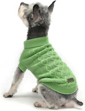 Dog Pullover Sweater, Cable Knitwear, Classic Turtleneck Warm and Soft Clothes for Chihuahua, Bulldog, Dachshund, Pug, Yorkie,Dog Outfits for Small Dogs Medium Dogs, (Green M)