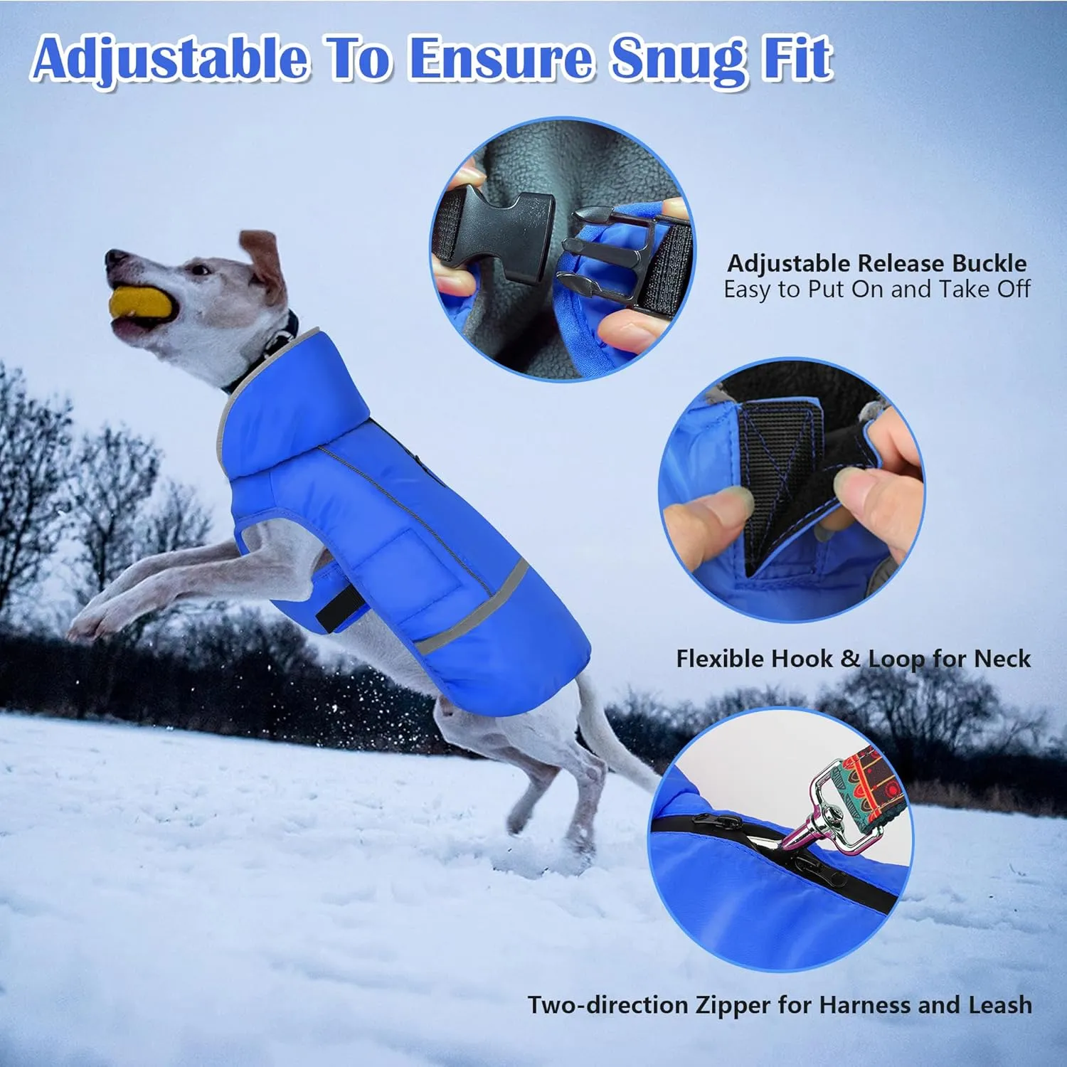 Dogcheer Dog Coat - Waterproof, Adjustable Winter Jacket with Buckle, Reflective, Windproof, Snow Jacket Fleece Vest for Small to Large Dogs - Blue M