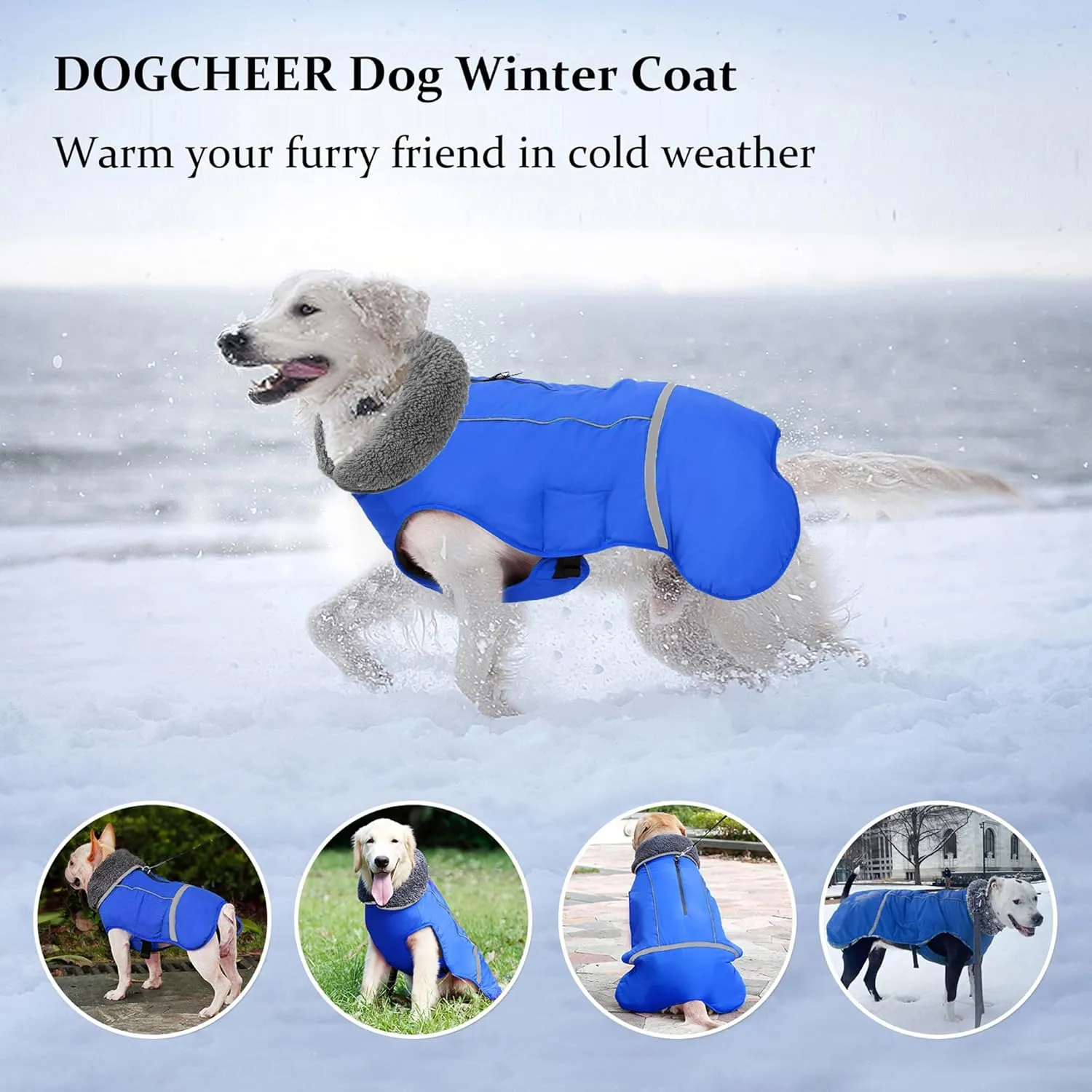 Dogcheer Dog Coat - Waterproof, Adjustable Winter Jacket with Buckle, Reflective, Windproof, Snow Jacket Fleece Vest for Small to Large Dogs - Blue M