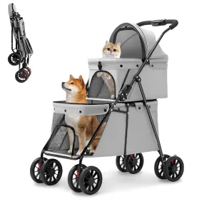 Double Pet Stroller for Medium Small Dogs and Cats with 2 Carriage, Durable Universal Wheels with Brakes Lightweight One Hand Foldale Kittens Puppies Travel Strolling Cart (Gray)