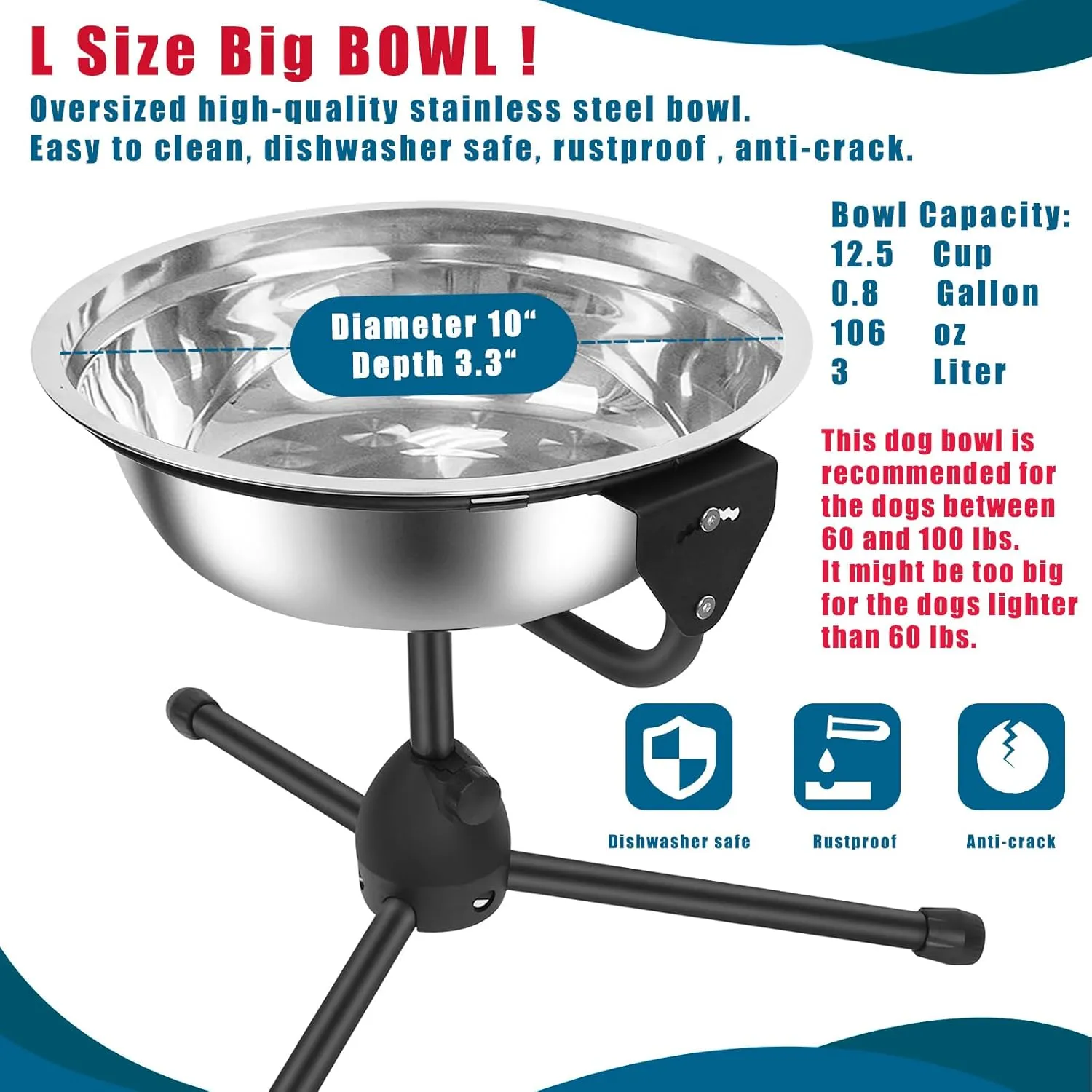 Elevated Dog Bowl with Adjustable Metal Stand,Large Size for Dogs Between 60 and 100 lbs, 0.8 Gal 3 Liter Stainless Steel Dog Food Bowl Water Bowl Height Adjustable Non-Slip Raised Dog Bowl Set