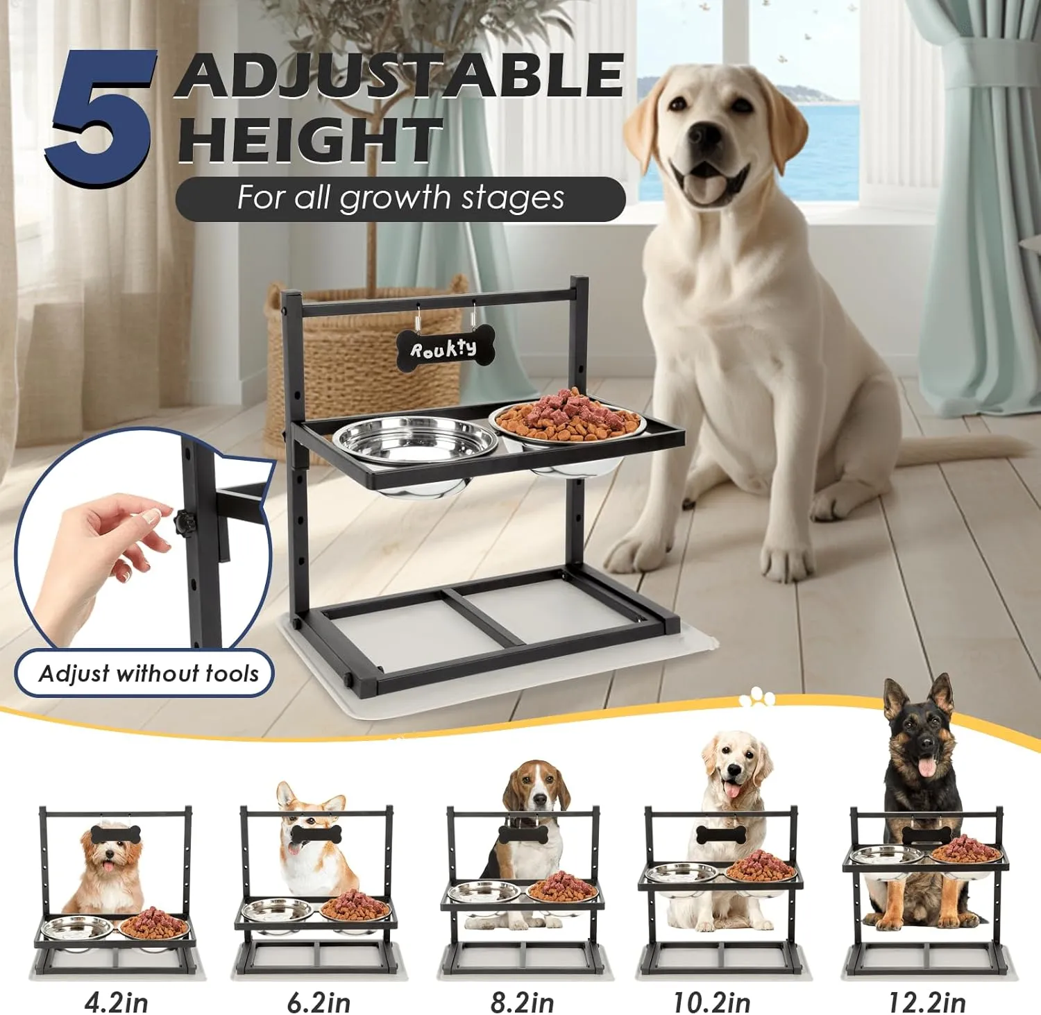 Elevated Dog Bowls with Slow Feeder, 5 Adjustable Heights, Anti-Slip, Durable Metal Frame, Spill Proof Mat, Rust-Resistant Bowls, Easy to Clean