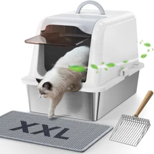 Enclosed Stainless Steel Cat Litter Box XXL with Lid, FEELNEEDY Set with Litter Scoop & Double Layer Litter Mat, Removable White Metal Litter Box for Big Cats, Easy Cleaning