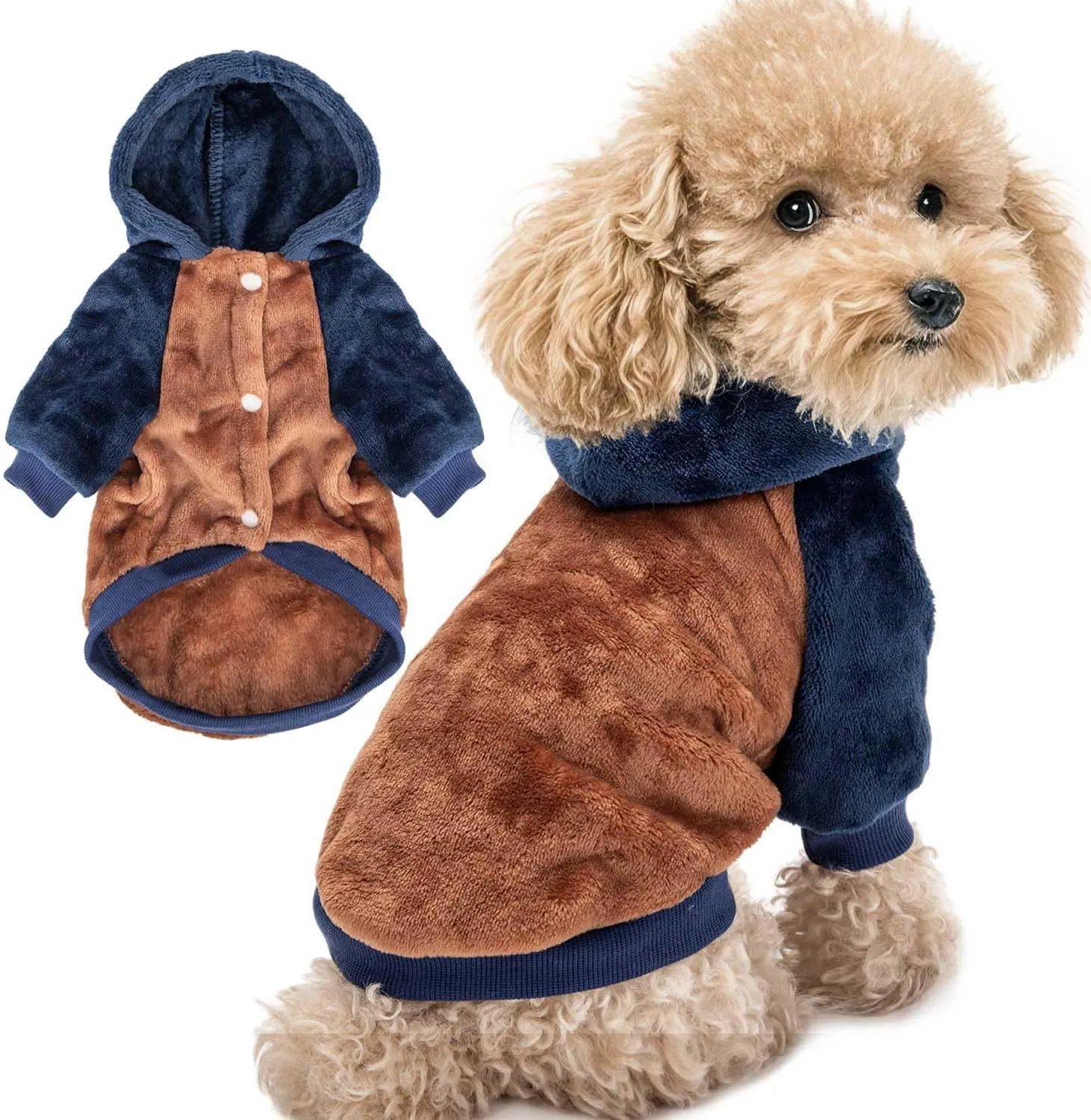 FabriCastle Dog Hoodie Sweater for Small Dogs Boy and Girl, Dog Clothes S XS XXS Puppy Sweatshirt, Pet Outfit, Cat Clothing Super Soft Warm Snap On Closure (Camel-Navy, X-Small)