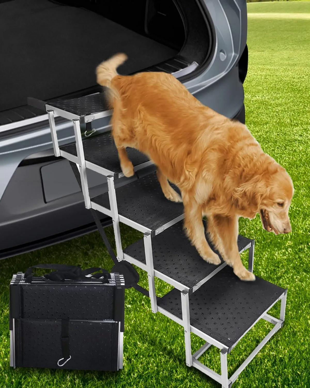 Foldable Dog Car Ramp for Large Dogs, 5 Steps Portable Large Dog Steps for Car Truck SUV High Bed, Aluminum Stairs with Non-Slip Surface, Outdoor Ramp Stairs for Dogs Max Up to 200lbs