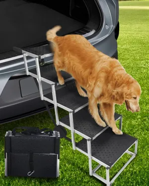 Foldable Dog Car Ramp for Large Dogs, 5 Steps Portable Large Dog Steps for Car Truck SUV High Bed, Aluminum Stairs with Non-Slip Surface, Outdoor Ramp Stairs for Dogs Max Up to 200lbs
