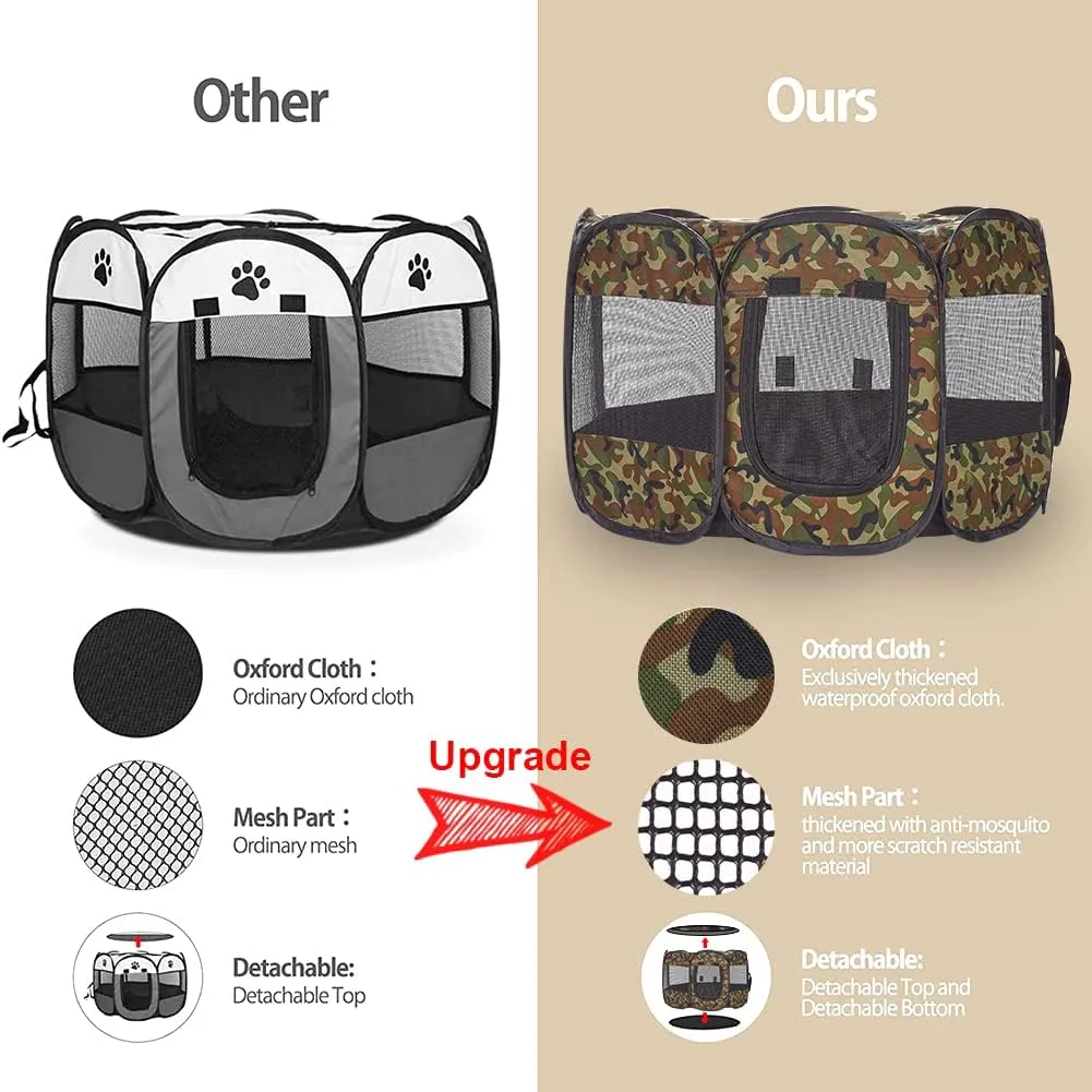 Foldable Pet Dog Playpen, Pop Up Portable Cat Playpen, Indoor/Outdoor for Kitten Puppy Play Pen, Cats Crate Cage Tent with Carrying Bag, 600D Oxford (Camo Green, Small (26"x26"x18"), 8)