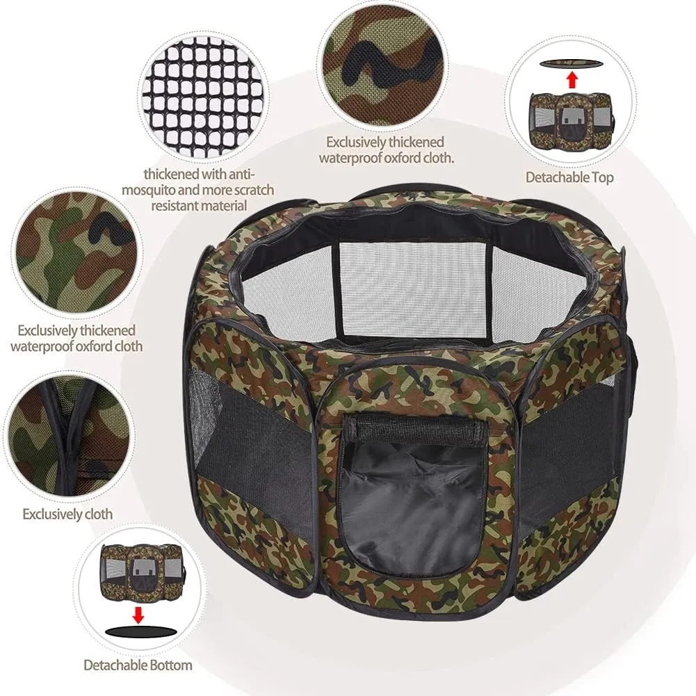 Foldable Pet Dog Playpen, Pop Up Portable Cat Playpen, Indoor/Outdoor for Kitten Puppy Play Pen, Cats Crate Cage Tent with Carrying Bag, 600D Oxford (Camo Green, Small (26"x26"x18"), 8)