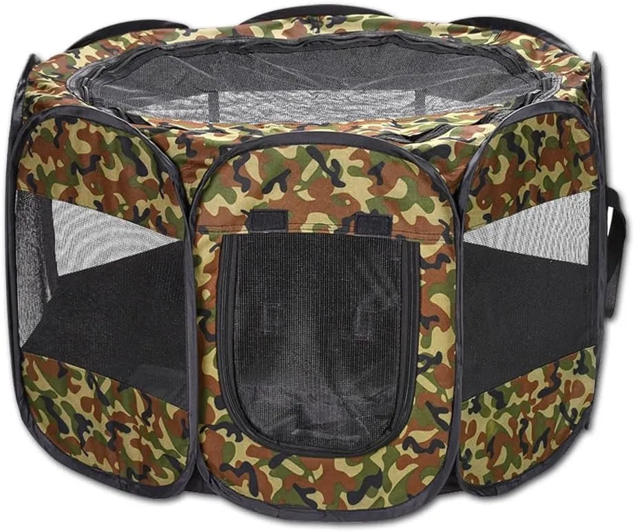 Foldable Pet Dog Playpen, Pop Up Portable Cat Playpen, Indoor/Outdoor for Kitten Puppy Play Pen, Cats Crate Cage Tent with Carrying Bag, 600D Oxford (Camo Green, Small (26"x26"x18"), 8)