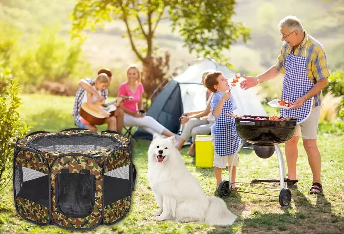 Foldable Pet Dog Playpen, Pop Up Portable Cat Playpen, Indoor/Outdoor for Kitten Puppy Play Pen, Cats Crate Cage Tent with Carrying Bag, 600D Oxford (Camo Green, Small (26"x26"x18"), 8)