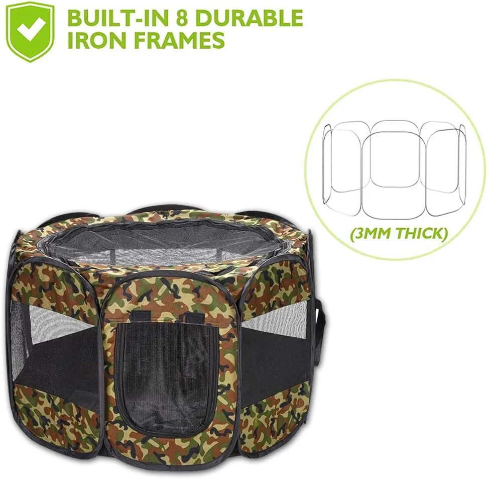 Foldable Pet Dog Playpen, Pop Up Portable Cat Playpen, Indoor/Outdoor for Kitten Puppy Play Pen, Cats Crate Cage Tent with Carrying Bag, 600D Oxford (Camo Green, Small (26"x26"x18"), 8)