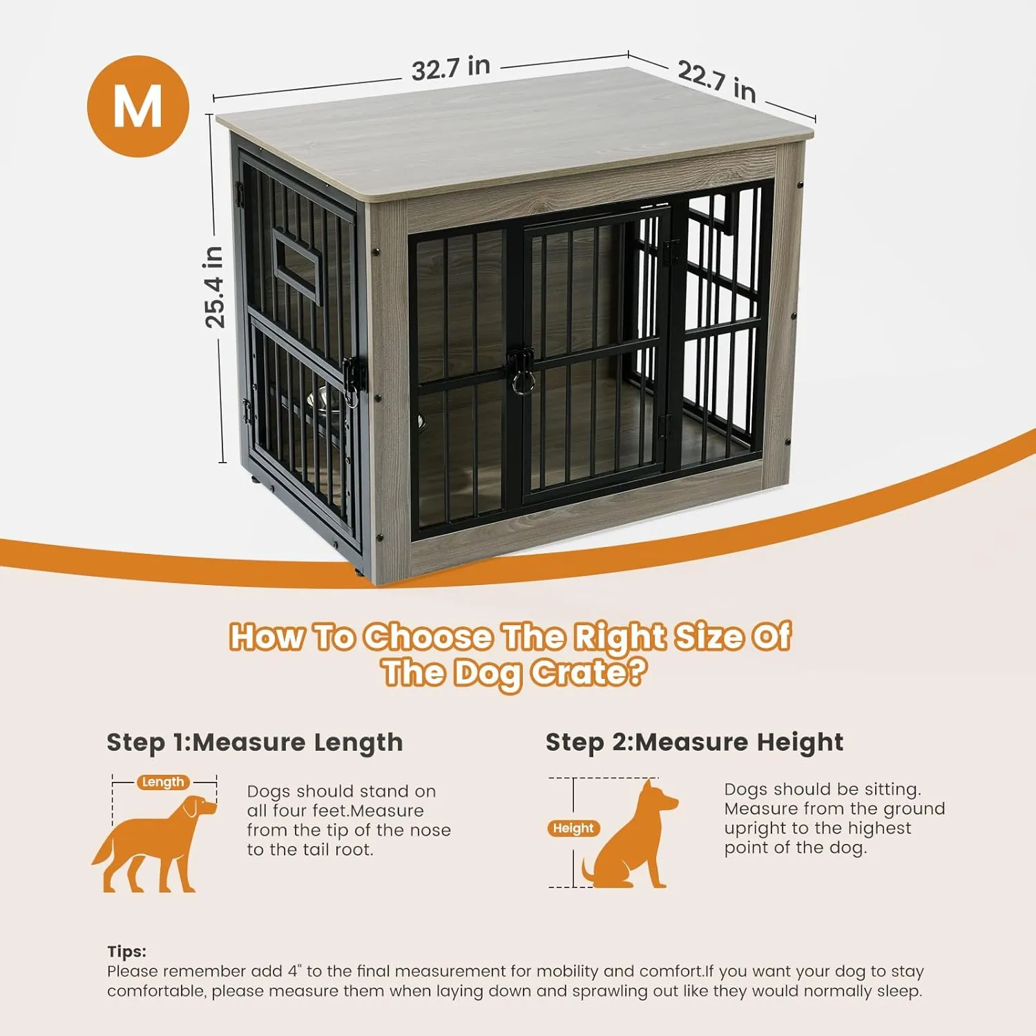 Gardner Pet Dog Crate Furniture for Medium Dogs, 32.7 Inch Dog Kennel Indoor, Wooden Dog Cage End Table with 2 Removable Bowls, Heavy Duty Dog Crate, Rustic Grey