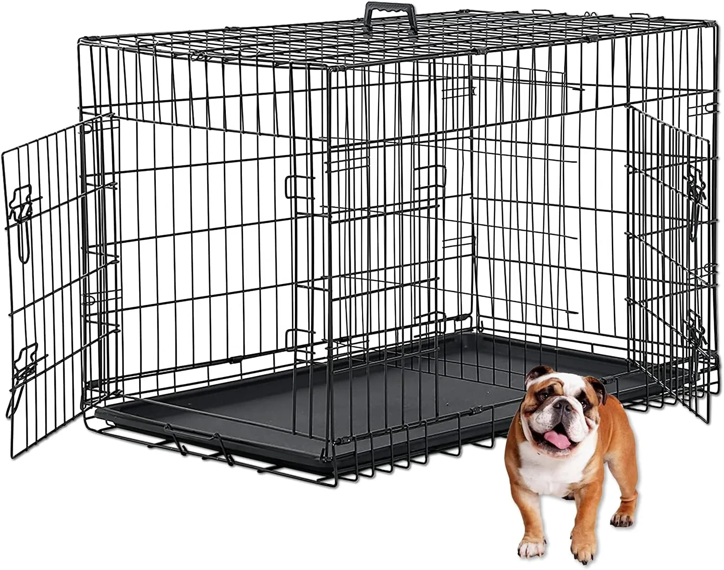 HCY Dog Crate, Dog Kennel 42 Inch Double Door Metal Crate Foldable Puppy Supplies Cage with Divider Panel, Handle, Plastic Tray for Pet Animals Outdoor Indoor (42 Inch), Black