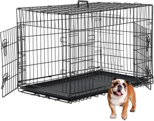 HCY Dog Crate, Dog Kennel 42 Inch Double Door Metal Crate Foldable Puppy Supplies Cage with Divider Panel, Handle, Plastic Tray for Pet Animals Outdoor Indoor (42 Inch), Black