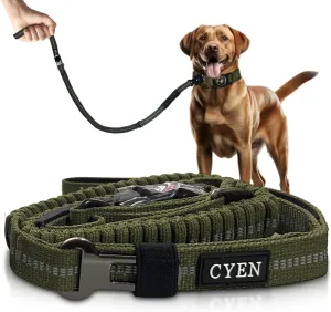 Heavy Duty! CYEN Dog Leash - 4ft to 5ft Adjustable Shock Absorbing Bungee Leash - Reflective Strips - Reliable Frog Clip - Comfortable Diving Cotton Handle - Car Safety Buckle for Safe Travel (Green)